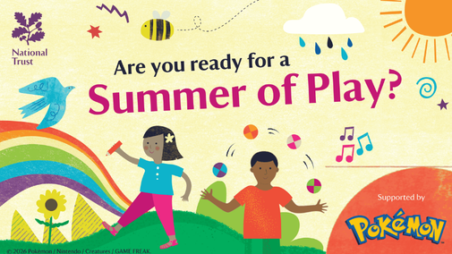 Summer of Play 2026 illustration featuring an imaginary and colourful scene of children at play with sunshine, rainbows and nature